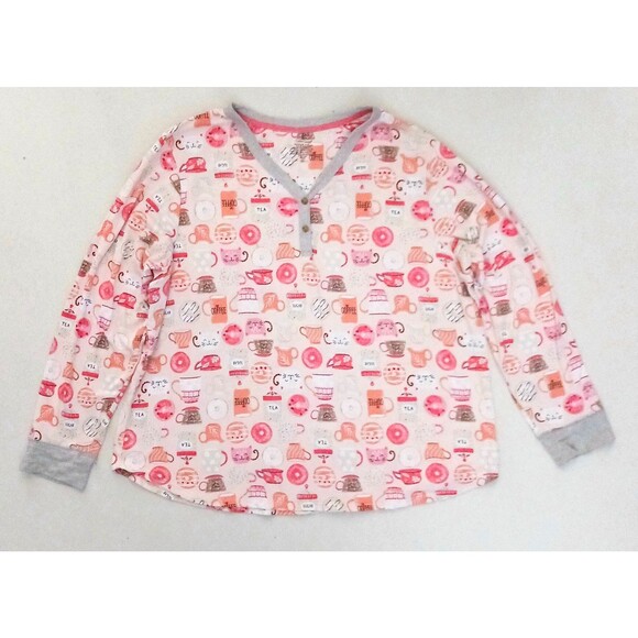 NEW Cuddl Duds Cozy L/S Pajama Set XXL Coffee Tea Donuts Kitty Jersey Print - Picture 2 of 12